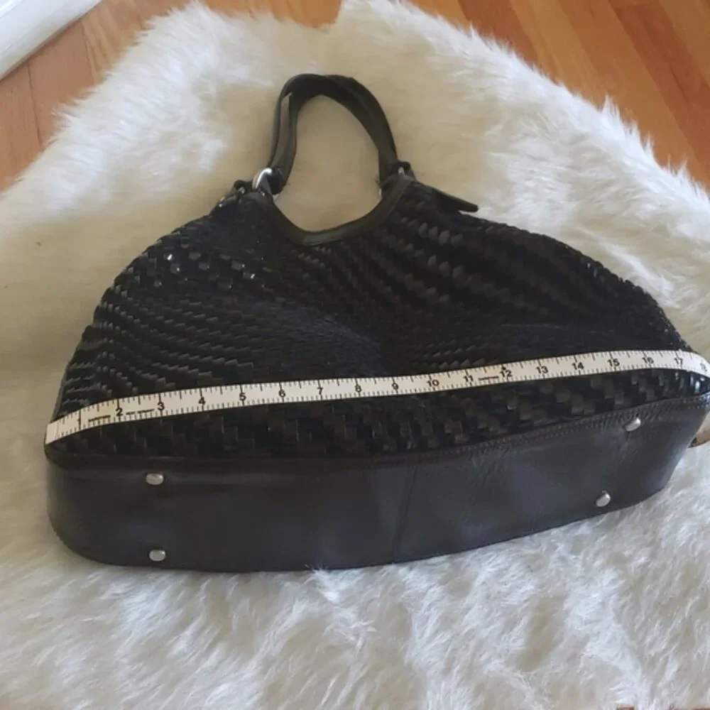 COLE HAAN Triangle Black Patent Suede Leather Basket Weave Shoulder‎ Satchel Bag